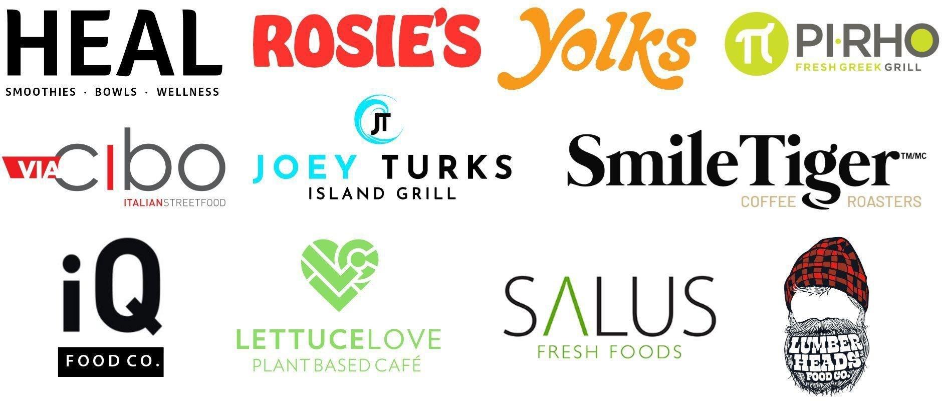 The image displays a variety of food-related brands and eateries, including a logo for Rosie's Yolks, Piro, Fresh Greek Grill, Smoothies and Bowls, Cibo, JT, SmileTiger, Island Grill, Italian Street Food, Quincy, Salus, Lettuce Love, Plant-Based Cafᅢᄅ, and Fresh Foods.

AI-generated content may be incorrect.