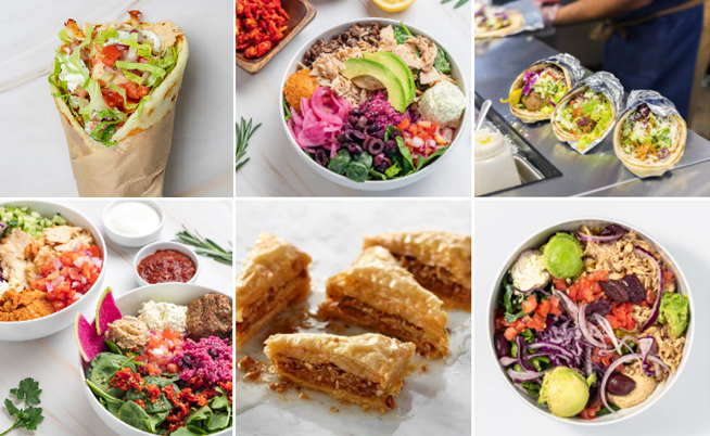 The image displays a variety of colorful, fresh, and appetizing dishes, including a wrapped salad, a bowl of guacamole, a plate of stuffed pita pockets, a colorful vegetable salad, and a plate of shredded chicken tacos.

AI-generated content may be incorrect.