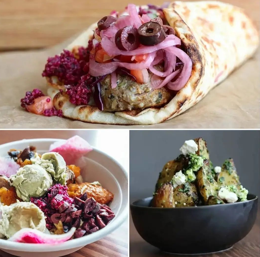 The image showcases a colorful and delicious assortment of dishes: a vibrant, stuffed flatbread with sausage and red onions, a creamy avocado and pomegranate salad, and a platter of crispy, crunchy fried green beans.

AI-generated content may be incorrect.