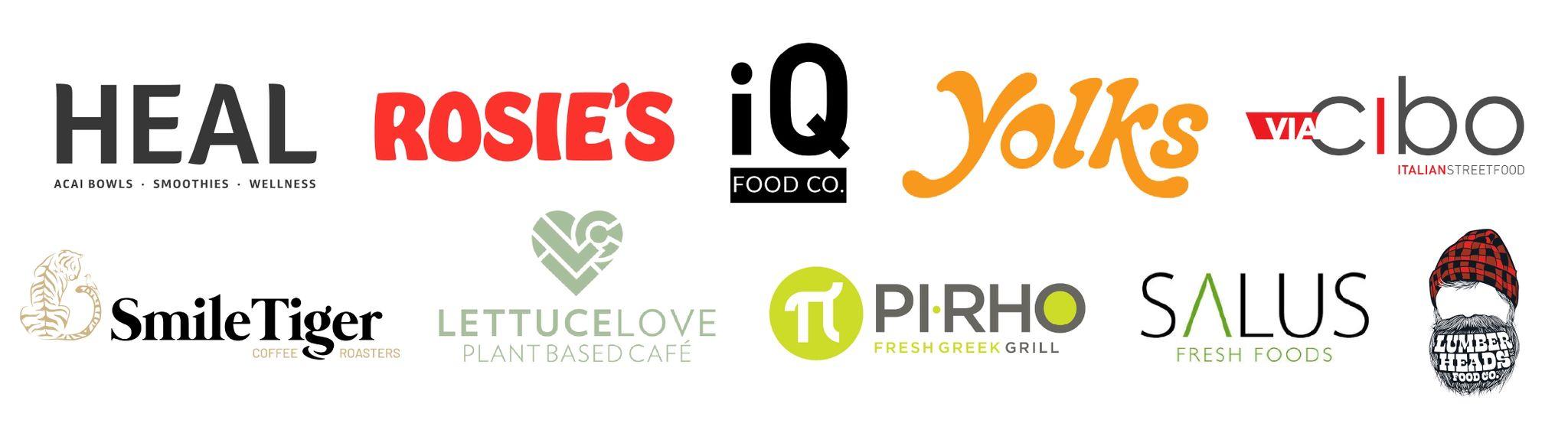 The image displays various food-related businesses and brands, including Rosie's Wellness, Yolks, IQ, ACAI Bowls, Italian Street Food, Smile Tiger, Leaf Love, Piro, Sals, Coffee Roasters, Plant-Based Cafᅢᄅ, Fresh Greek Grill, and Fresh Foods.

AI-generated content may be incorrect.