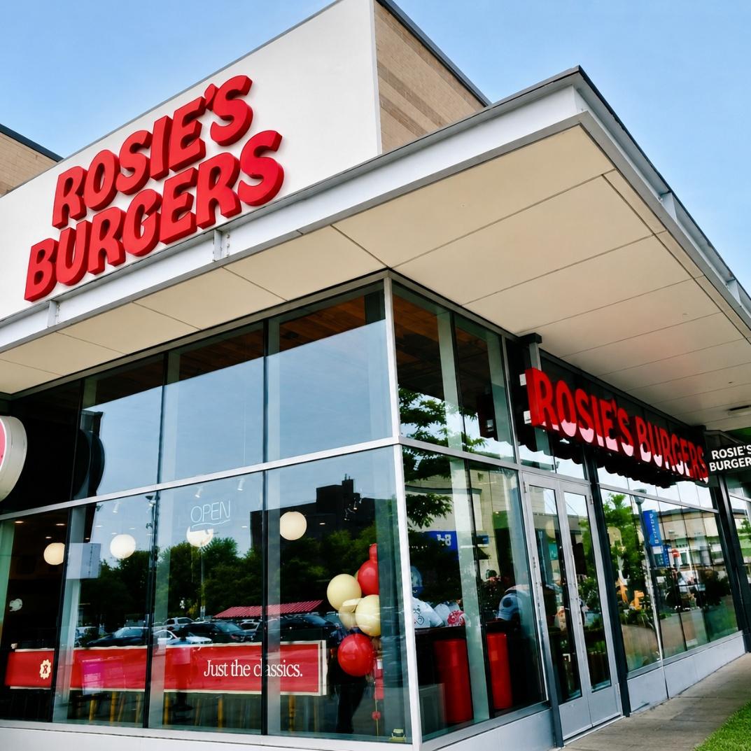 The image shows a brightly lit, modern-looking storefront for Rosie's Burgers, with a colorful sign and a clear, inviting window display inside.

AI-generated content may be incorrect.
